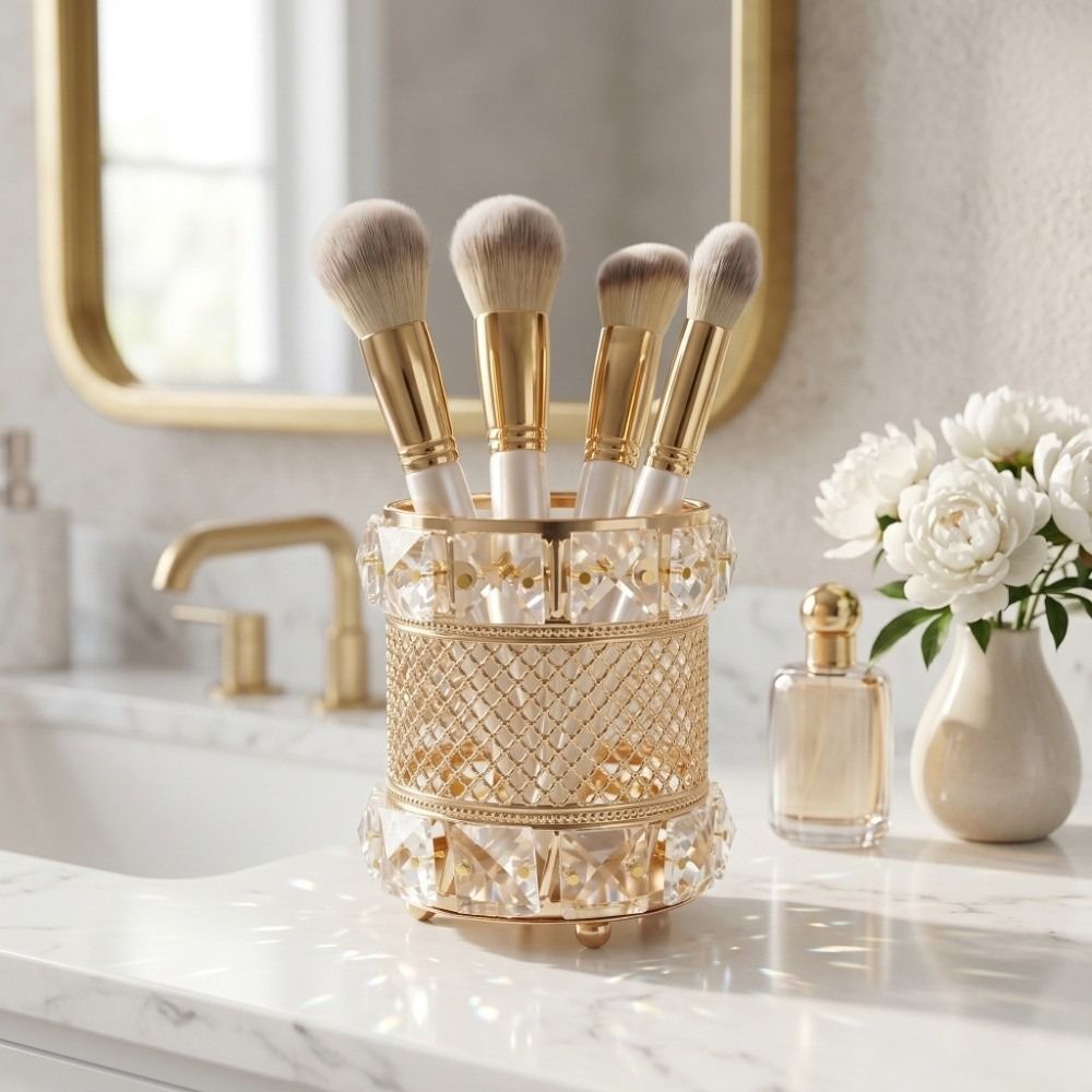 Luxury Skincare And Makeup Brands - Tempat Penyimpanan Kuas Makeup Emas Kristal